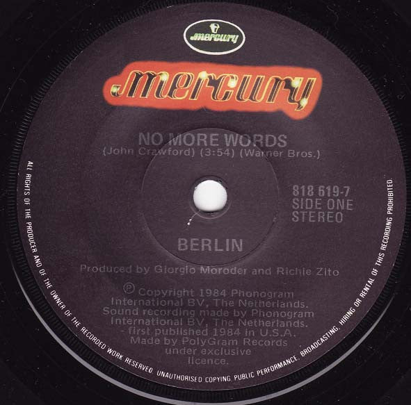 Berlin – No More Words 7" vinyl record, image 3 of 4