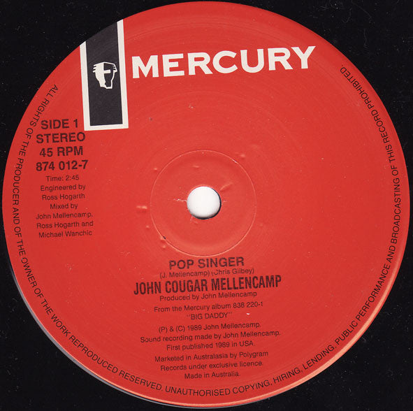 John Cougar Mellencamp – Pop Singer 7" vinyl record, image 3 of 4