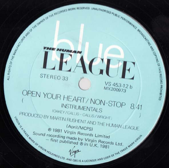 The Human League – Open Your Heart / Non-Stop 12" vinyl record, image 4 of 4