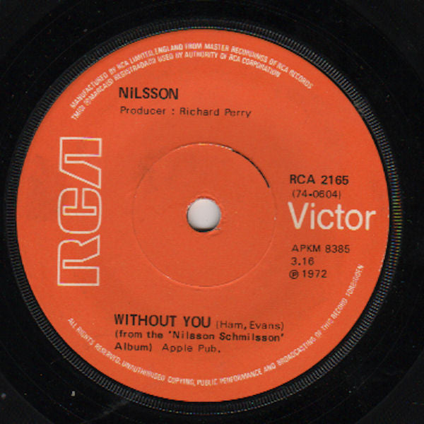 Harry Nilsson – Without You 7" vinyl record, image 4 of 4