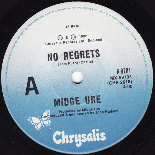 Midge Ure – No Regrets 7" vinyl record, image 1 of 3