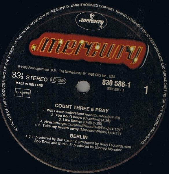 Berlin – Count Three & Pray LP vinyl record, image 3 of 6