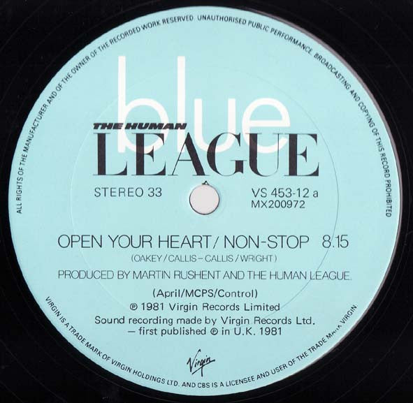The Human League – Open Your Heart / Non-Stop 12" vinyl record, image 3 of 4