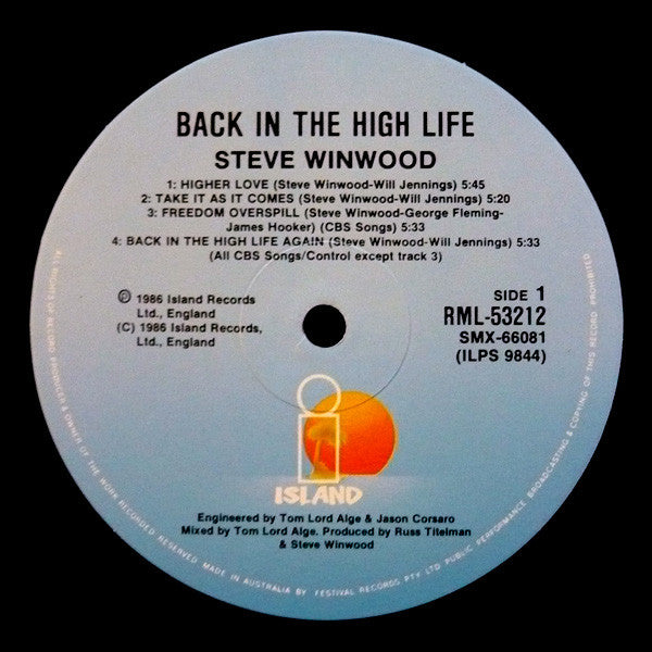 Steve Winwood – Back In The High Life LP vinyl record, image 3 of 4