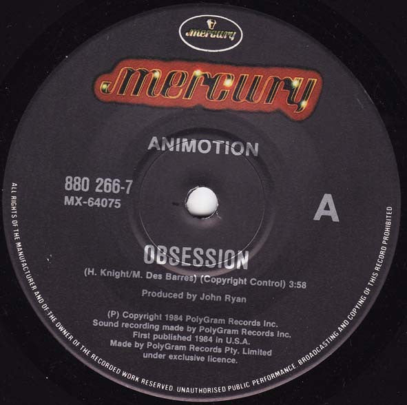 Animotion – Obsession 7" vinyl record, image 1 of 3