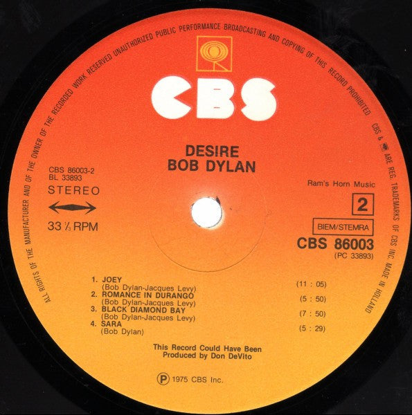 Bob Dylan – Desire LP vinyl record, image 4 of 8
