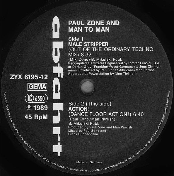 Paul Zone, Man 2 Man, Man Parrish – Male Stripper (Out Of The Ordinary Techno Mix) / Action! 12" vinyl record, image 3 of 4