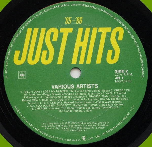 Various – Just Hits '85-'86 LP vinyl record, image 4 of 4