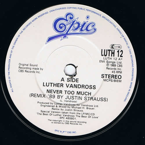 Luther Vandross – Never Too Much (Remix '89) 7" vinyl record, image 3 of 5