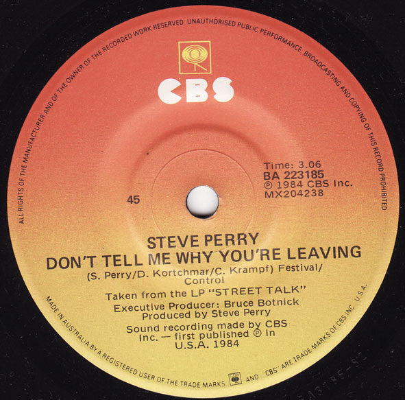 Steve Perry – Oh Sherrie 7" vinyl record, image 2 of 2