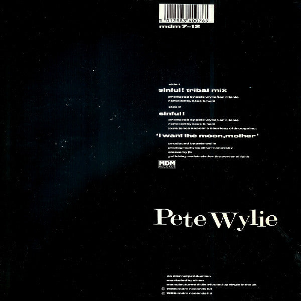 Pete Wylie, The Oedipus Wrecks – Sinful! (Tribal Mix) 12" vinyl record, image 2 of 2