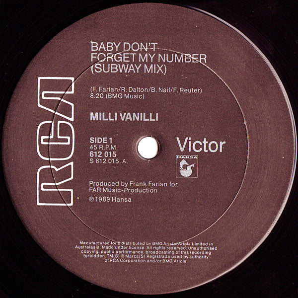 Milli Vanilli – Baby Don't Forget My Number (Subway Mix) 12" vinyl record, image 3 of 3