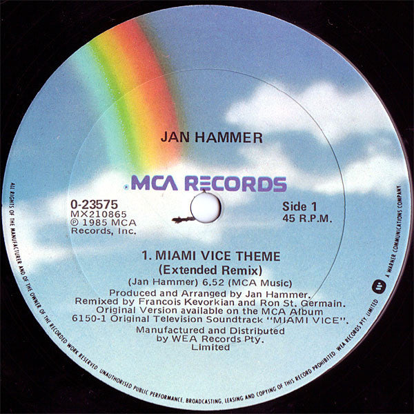 Jan Hammer – Miami Vice Theme 12" vinyl record, image 2 of 3