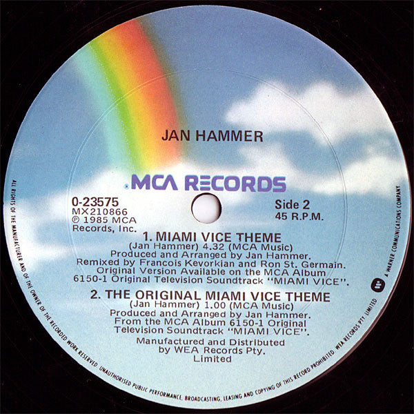 Jan Hammer – Miami Vice Theme 12" vinyl record, image 3 of 3