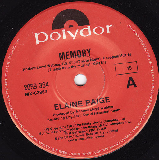 Elaine Paige – Memory 7" vinyl record, image 1 of 2