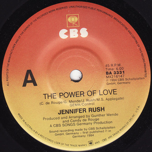 Jennifer Rush – The Power Of Love 7" vinyl record, image 1 of 2