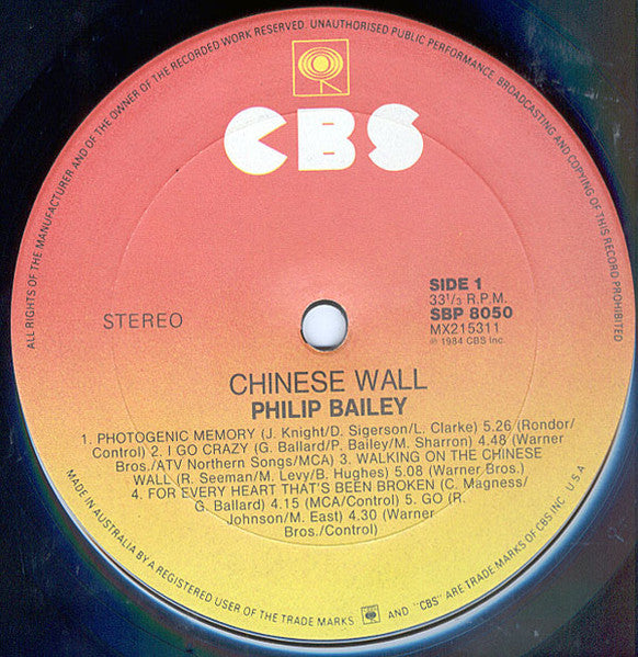 Philip Bailey – Chinese Wall LP vinyl record, image 5 of 6