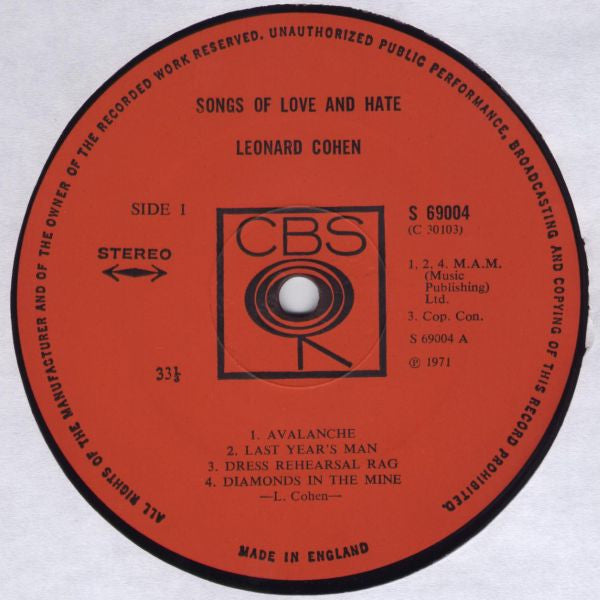 Leonard Cohen – Songs Of Love And Hate LP vinyl record, image 3 of 5
