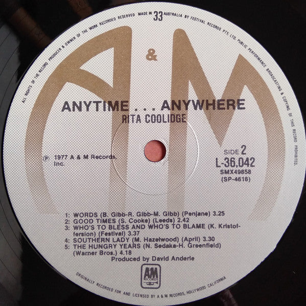 Rita Coolidge – Anytime... Anywhere LP vinyl record, image 6 of 6