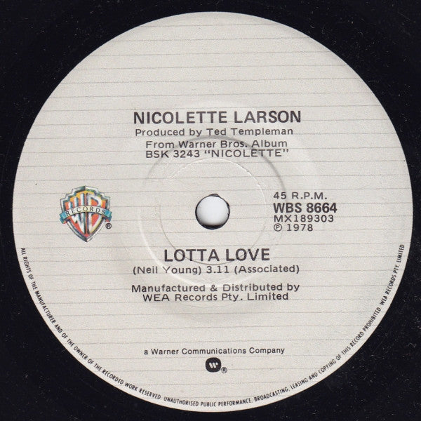 Nicolette Larson – Lotta Love 7" vinyl record, image 1 of 2