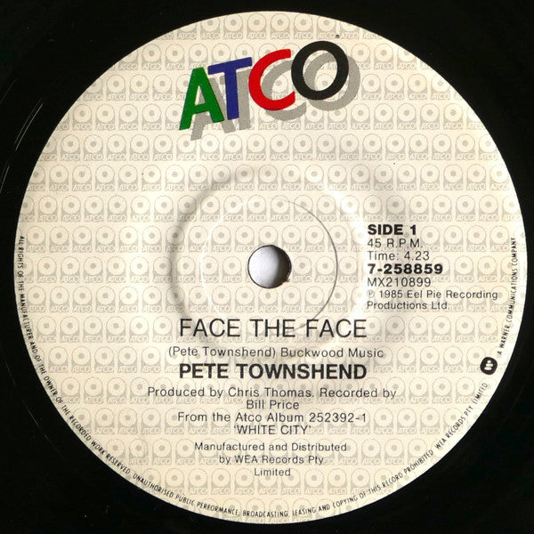 Pete Townshend – Face The Face 7" vinyl record, image 3 of 4