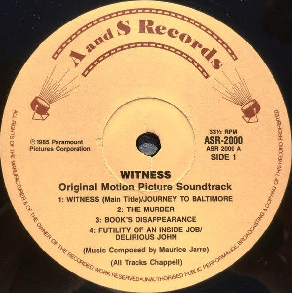 Maurice Jarre – Witness (Original Motion Picture Soundtrack) LP vinyl record, image 3 of 6