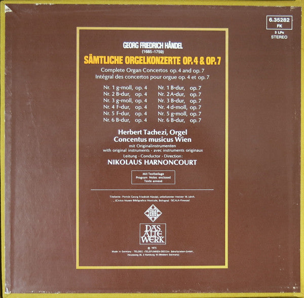 Georg Friedrich Händel, Herbert Tachezi, Nikolaus Harnoncourt, Concentus Musicus Wien – Sämtliche Orgelkonzerte Op.4 & Op.7 (3xLP) LP vinyl record, image 2 of 3