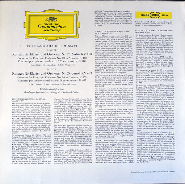 Wolfgang Amadeus Mozart, Wilhelm Kempff, Bamberger Symphoniker, Ferdinand Leitner – Klavierkonzerte A-Dur KV 488 Und C-Moll KV 491 LP vinyl record, image 2 of 4