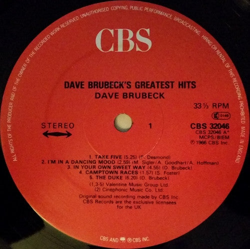 Dave Brubeck – Dave Brubeck's Greatest Hits LP vinyl record, image 3 of 4