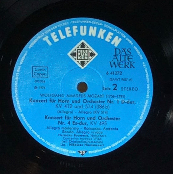 Wolfgang Amadeus Mozart, Hermann Baumann, Concentus Musicus Wien – Die 4 Hornkonzerte (Horn Concertos · Concertos Pour Cor) LP vinyl record, image 4 of 4