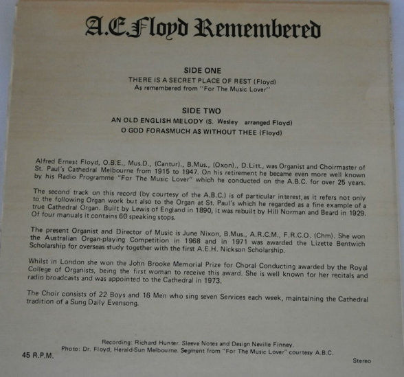 The Choir Of St. Paul's Cathedral, Melbourne, Dr. A. E. Floyd – A.E. Floyd Remembered 7" vinyl record, image 2 of 2
