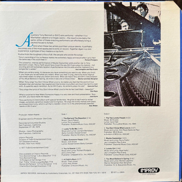 Tony Bennett, Bill Evans – Together Again LP vinyl record, image 2 of 4