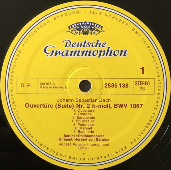 Johann Sebastian Bach, Berliner Philharmoniker, Herbert Von Karajan – Orchestersuiten Nr. 2, H-moll, Nr. 3, D-dur LP vinyl record, image 3 of 4