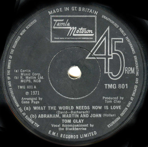 Tom Clay – What The World Needs Now Is Love 7" vinyl record, image 1 of 2