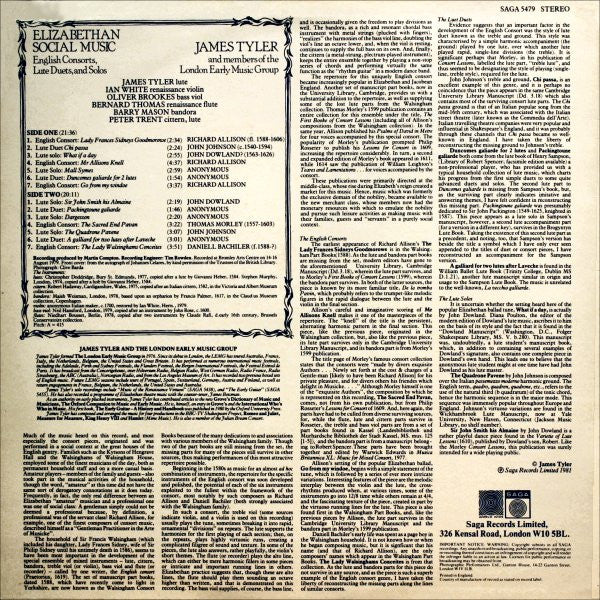 James Tyler, The London Early Music Group – Elizabethan Social Music (English Consorts, Lute Duets And Solos) LP vinyl record, image 2 of 4