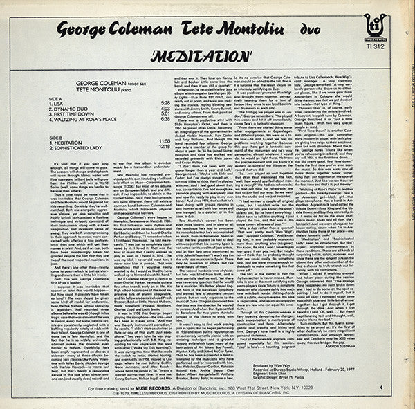 George Coleman - Tete Montoliu Duo – Meditation LP vinyl record, image 2 of 2