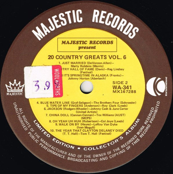 Various – 20 Country Greats Vol. 6 LP vinyl record, image 4 of 4