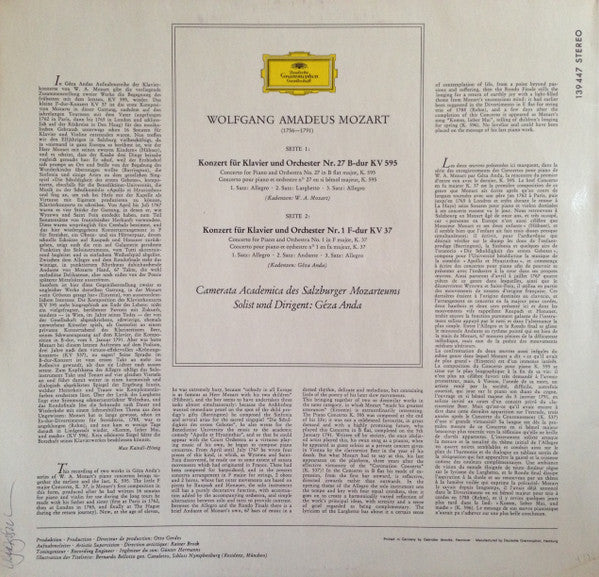 Wolfgang Amadeus Mozart, Camerata Academica Salzburg, Géza Anda – Klavierkonzerte (B-dur KV 595 ∙ F-dur KV 37) LP vinyl record, image 2 of 4