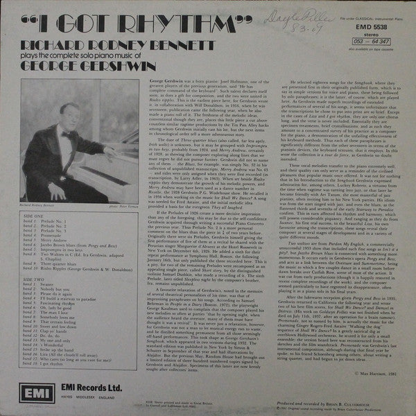 Richard Rodney Bennett, George Gershwin – "I Got Rhythm" Richard Rodney Bennett Plays The Complete Solo Piano Music Of George Gershwin LP vinyl record, image 2 of 4