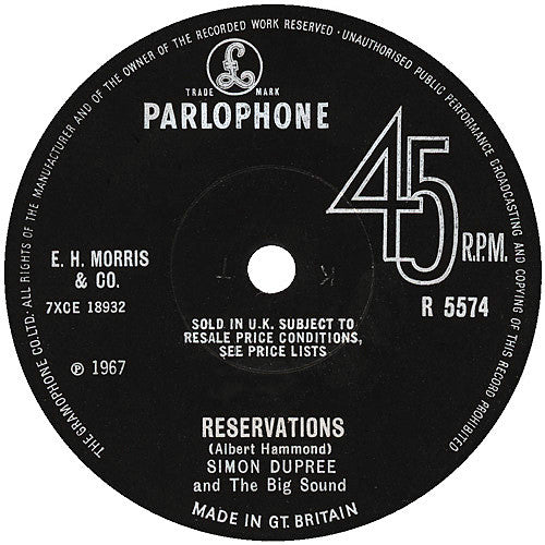 Simon Dupree And The Big Sound – Reservations / You Need A Man 7" vinyl record, image 1 of 2