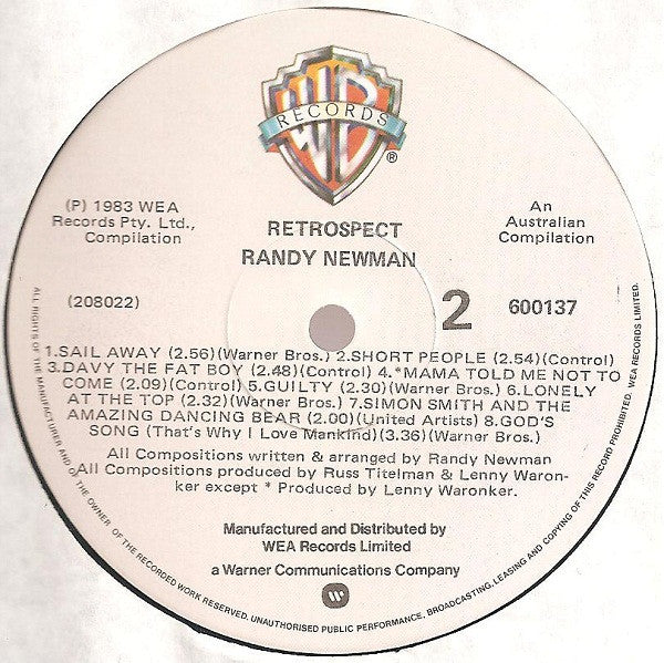 Randy Newman – Retrospect LP vinyl record, image 3 of 3
