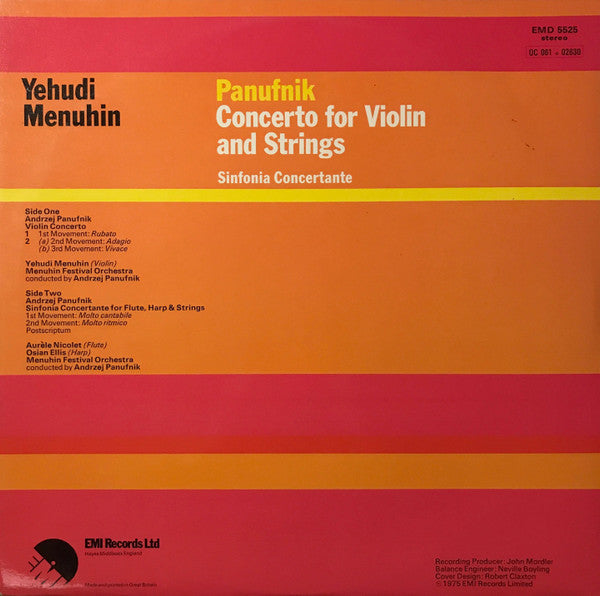 Andrzej Panufnik, Yehudi Menuhin, Menuhin Festival Orchestra, Aurèle Nicolet, Osian Ellis – Concerto For Violin And Strings / Sinfonia Concertante LP vinyl record, image 4 of 6