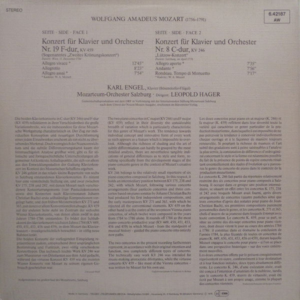 Wolfgang Amadeus Mozart, Karl Engel, Das Mozarteum Orchester Salzburg, Leopold Hager – Klavierkonzerte - Piano Concertos - Concertos Pour Piano Nr.8, KV246 - Nr.19, KV459 LP vinyl record, image 2 of 4