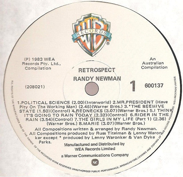 Randy Newman – Retrospect LP vinyl record, image 2 of 3