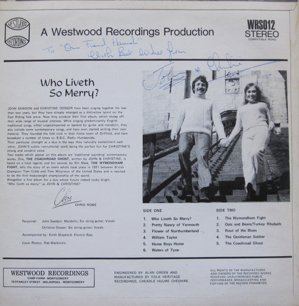 John Sawdon, Christine Dossor – Who Liveth So Merry? LP vinyl record, image 2 of 4