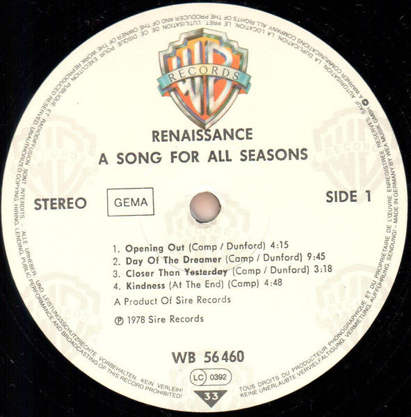 Renaissance – A Song For All Seasons LP vinyl record, image 3 of 3