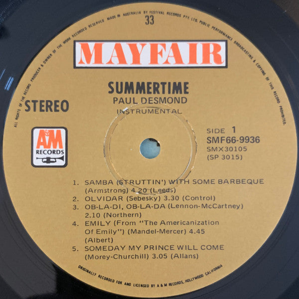 Paul Desmond – Summertime LP vinyl record, image 3 of 4
