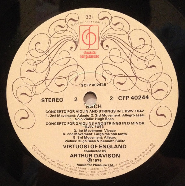 Johann Sebastian Bach, The Virtuosi Of England, Arthur Davison, Hugh Bean, Kenneth Sillito – Double Concerto In D Minor, Concerto In A Minor, Concerto In E Major LP vinyl record, image 4 of 4