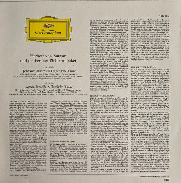 Johannes Brahms, Antonín Dvořák, Berliner Philharmoniker, Herbert Von Karajan – Dances By Brahms & Dvořák LP vinyl record, image 2 of 4