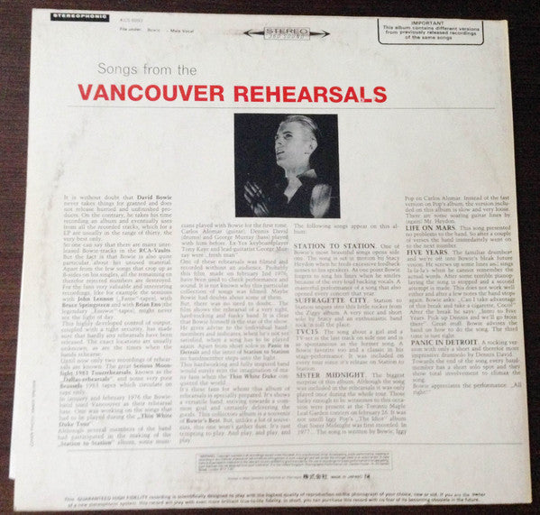 David Bowie – Some Other Kinds Of Songs... (Vancouver Rehearsals) LP vinyl record, image 5 of 6